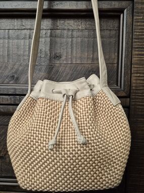 Woven Straw Bucket Bag with Leather Cream Trim